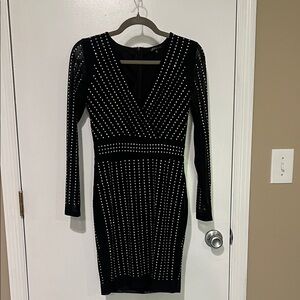 Black Rhinestone Studded Long Sleeve Dress